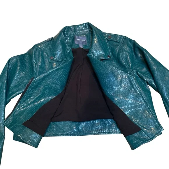 ModCloth Teal Faux Alligator Size L Cropped Moto Biker Zip Up Jacket - Picture 9 of 10